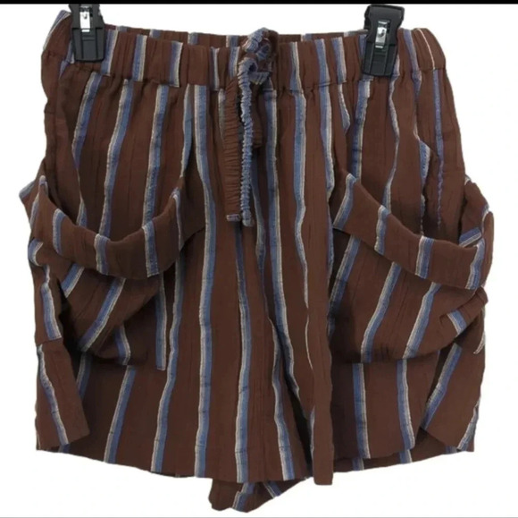 Free People Striped Shorts Brown Blue High Waisted Drawstring Pockets - Picture 1 of 8